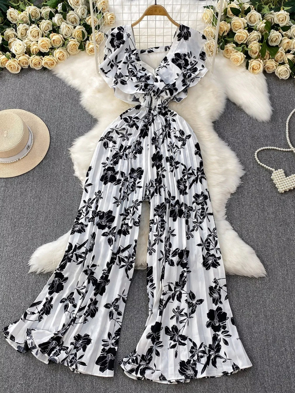 Floral print wide leg pleated jumpsuit side view