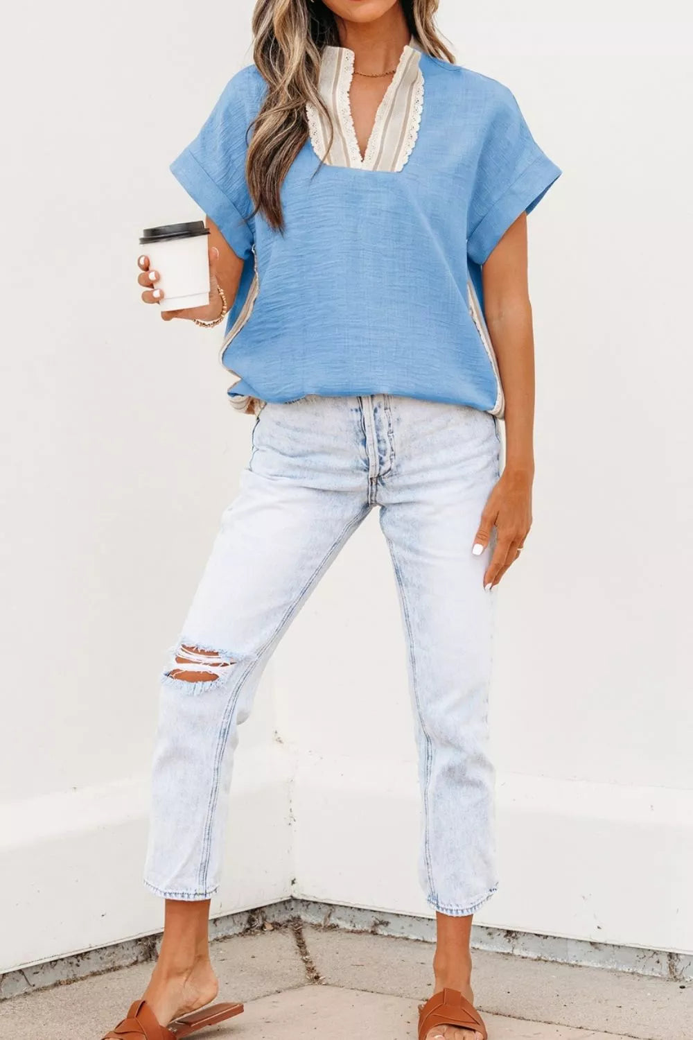 Light blue crochet lace short sleeve blouse back view