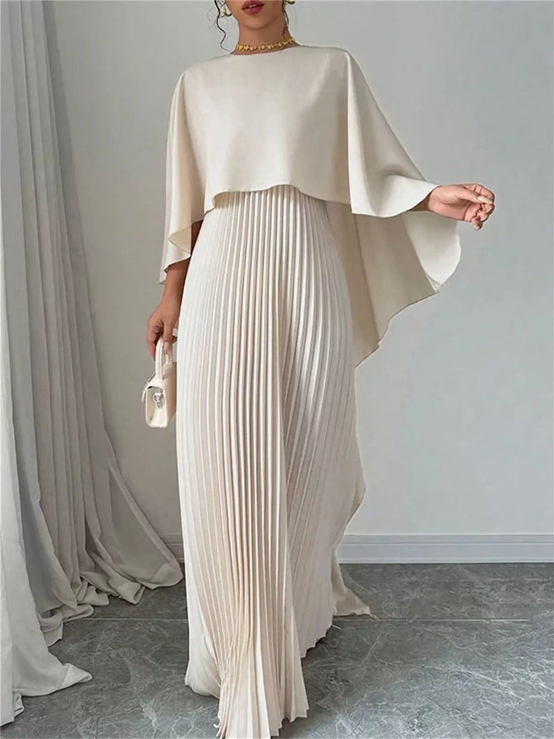 cape sleeve pleated maxi dress front view