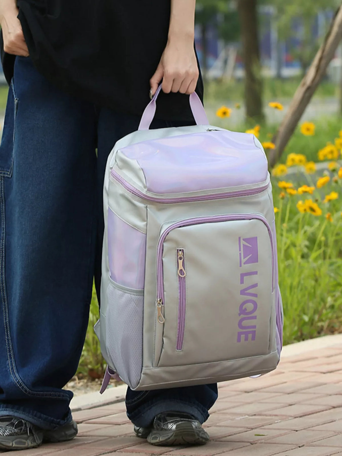 Purple waterproof backpack rear view