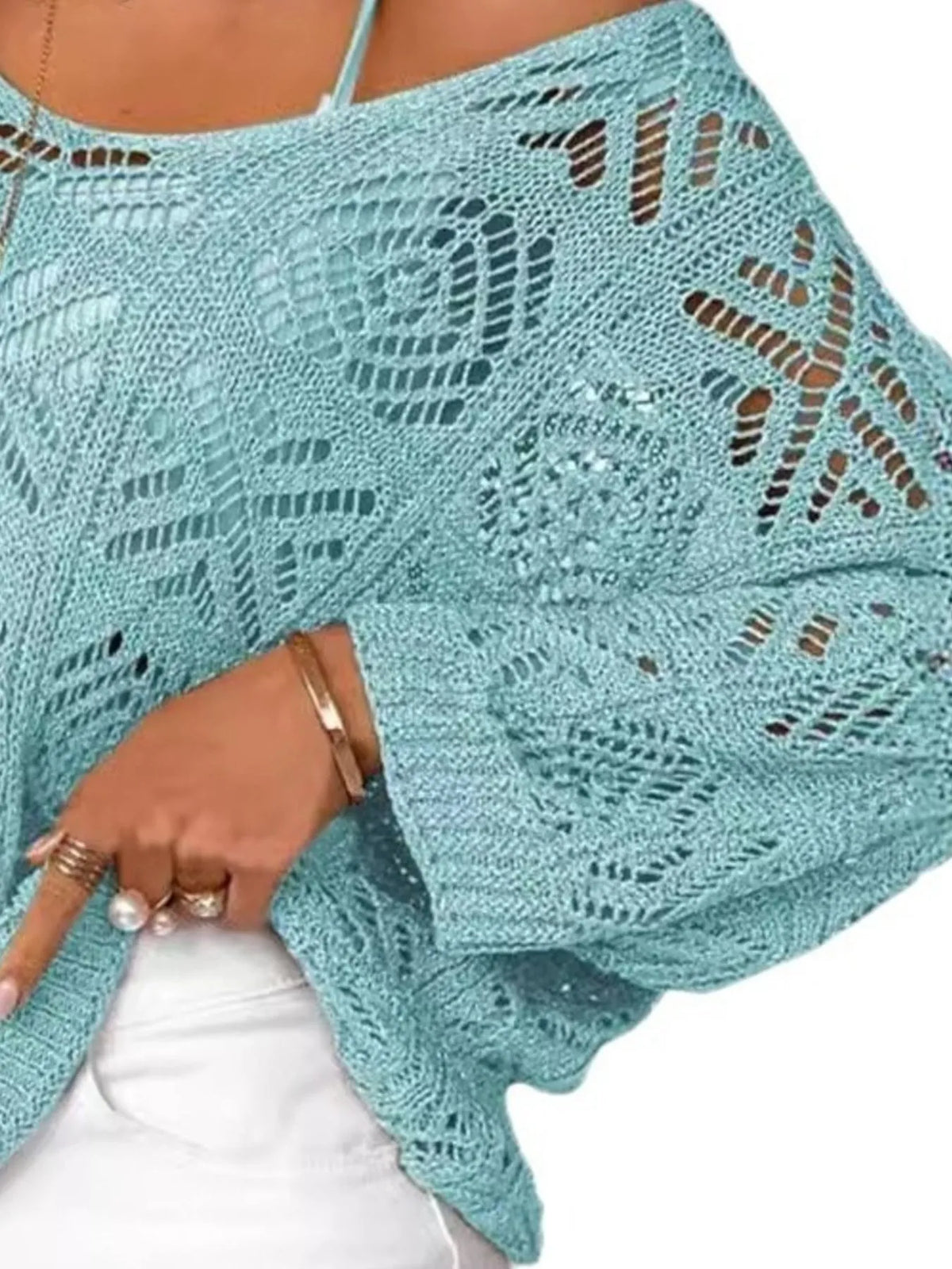 openwork 3/4 sleeve knit cover up full length view