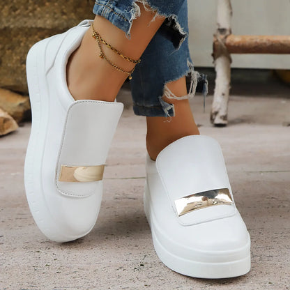 Round Toe Platform Loafers White - Fashorio