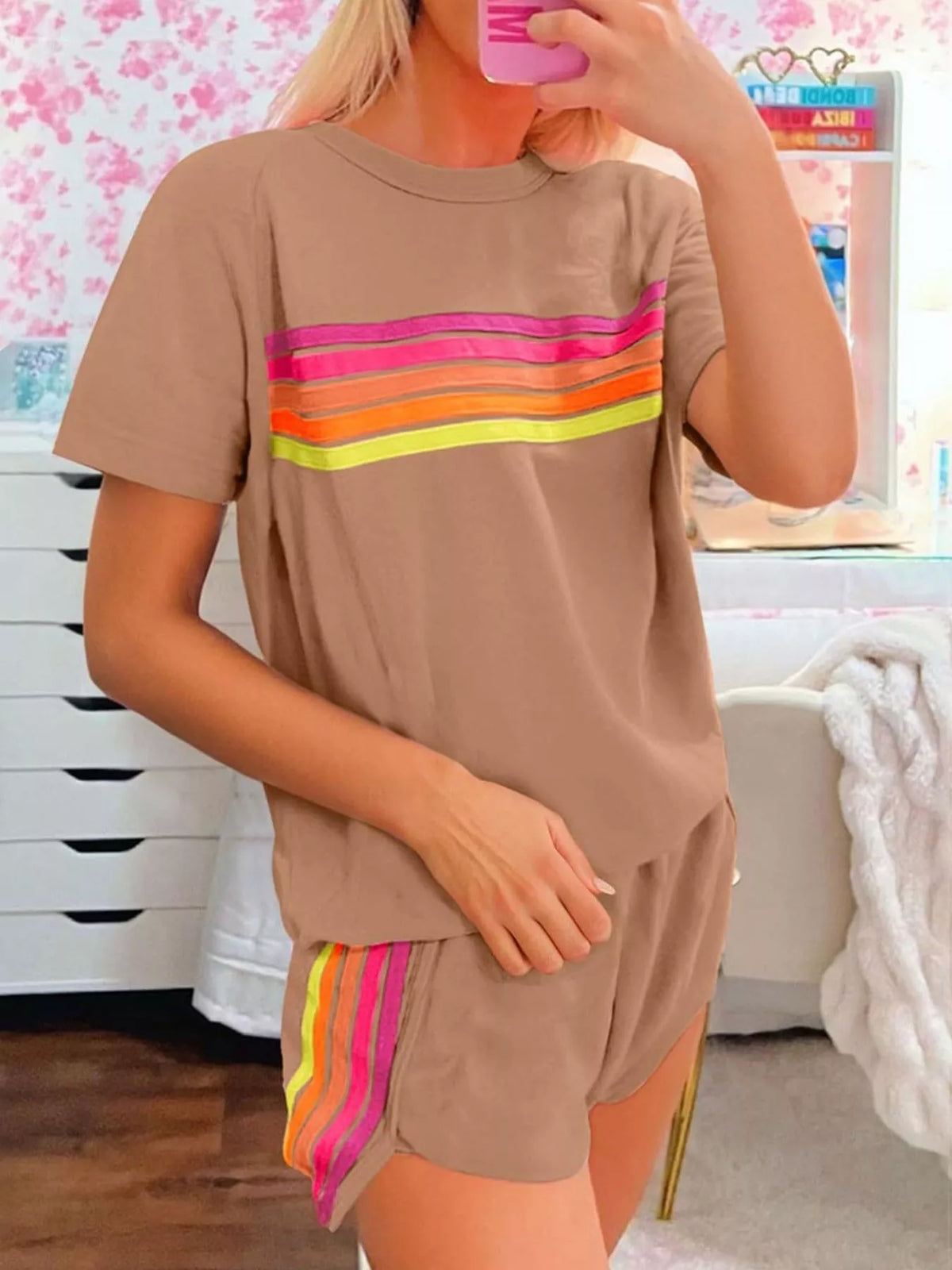 Rainbow Striped Round Neck Top and Shorts Set, view 8