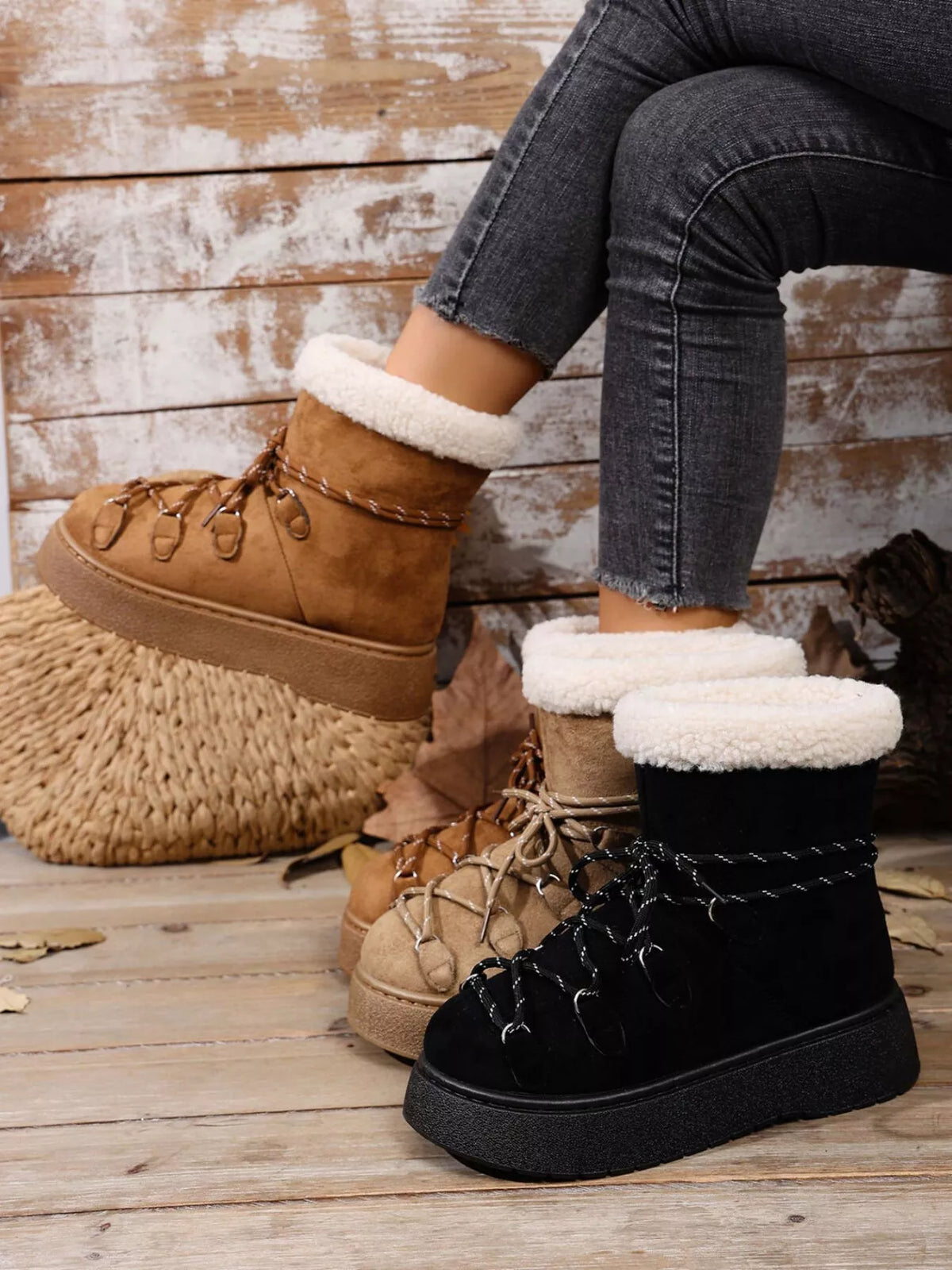 Round toe lace up platform boots front view