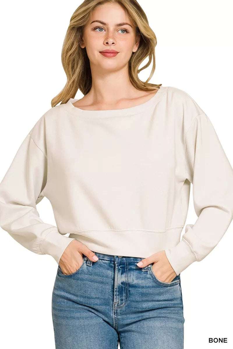 Zenana cropped boat neck pullover front view