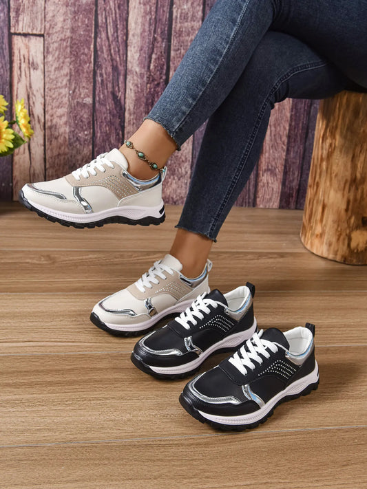 Lace Up Round Toe Sneakers Beige - Fashorio