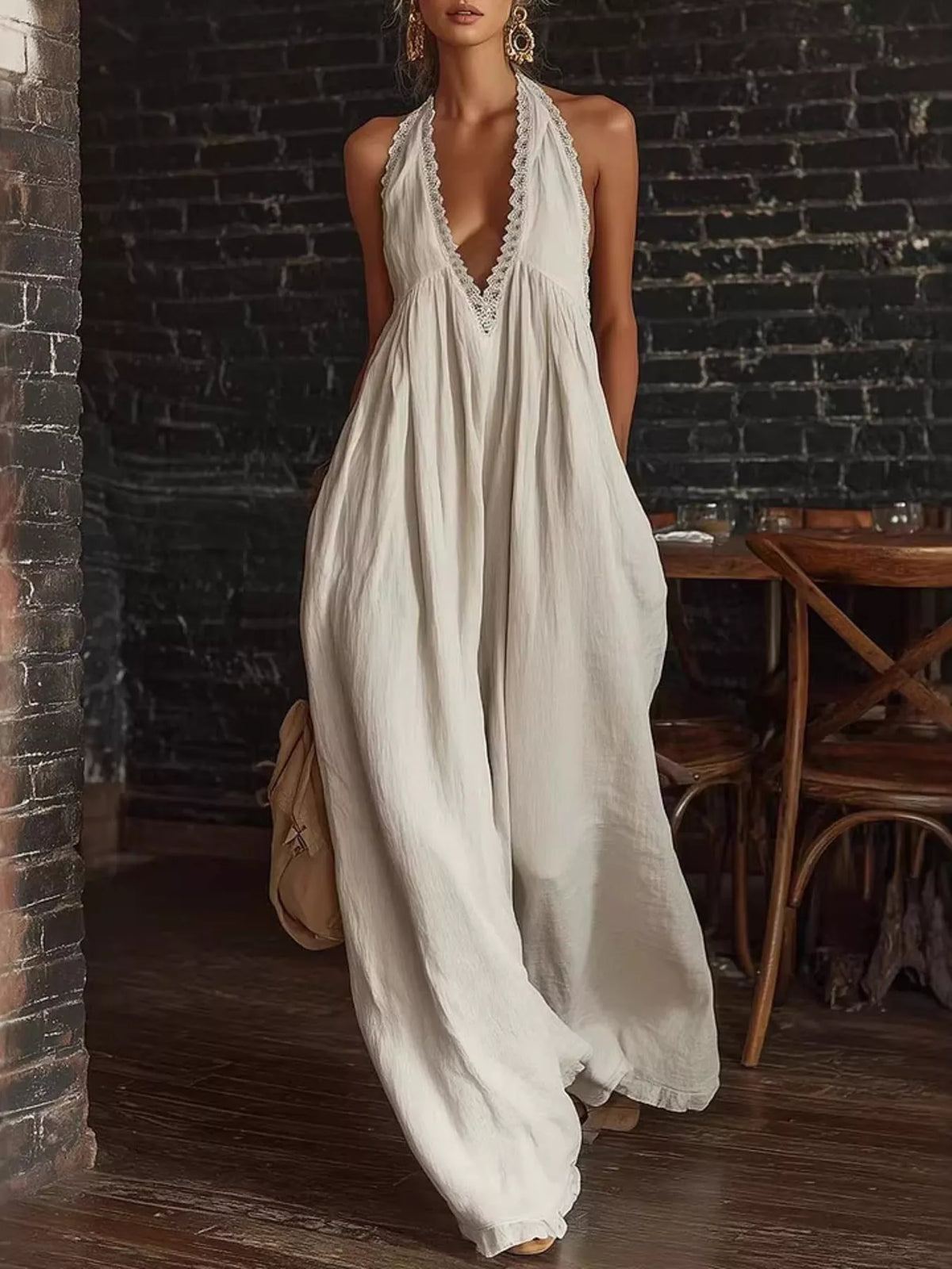 Halter neck lace trim wide leg jumpsuit front view