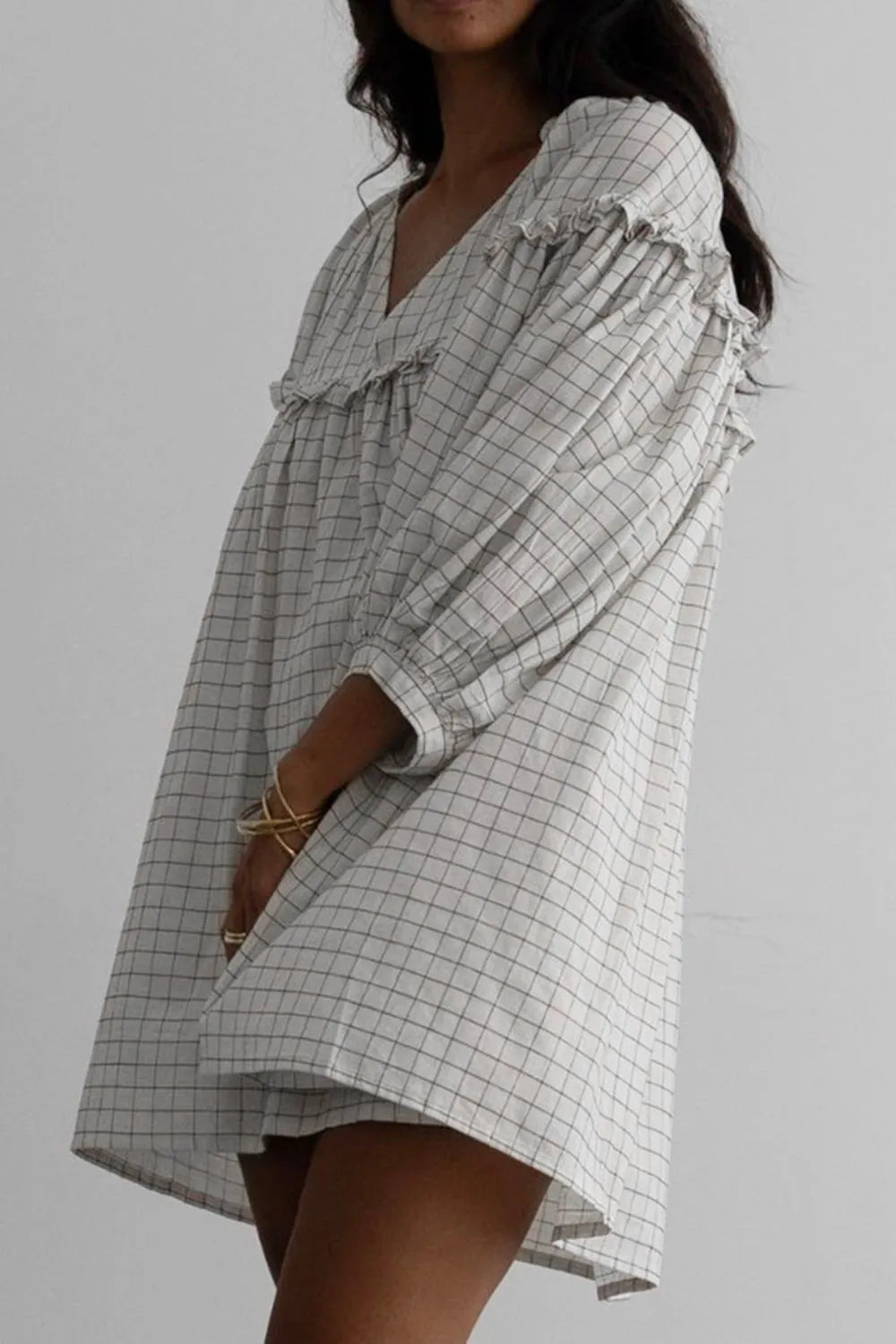 Frill Plaid Balloon Sleeve Mini Dress in White side view