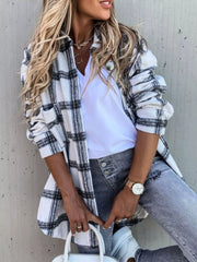Oversized Plaid Button-Up Longline Shirt White - Fashorio