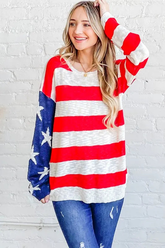 American Flag Long Sleeve Sweater in Red and Navy close up