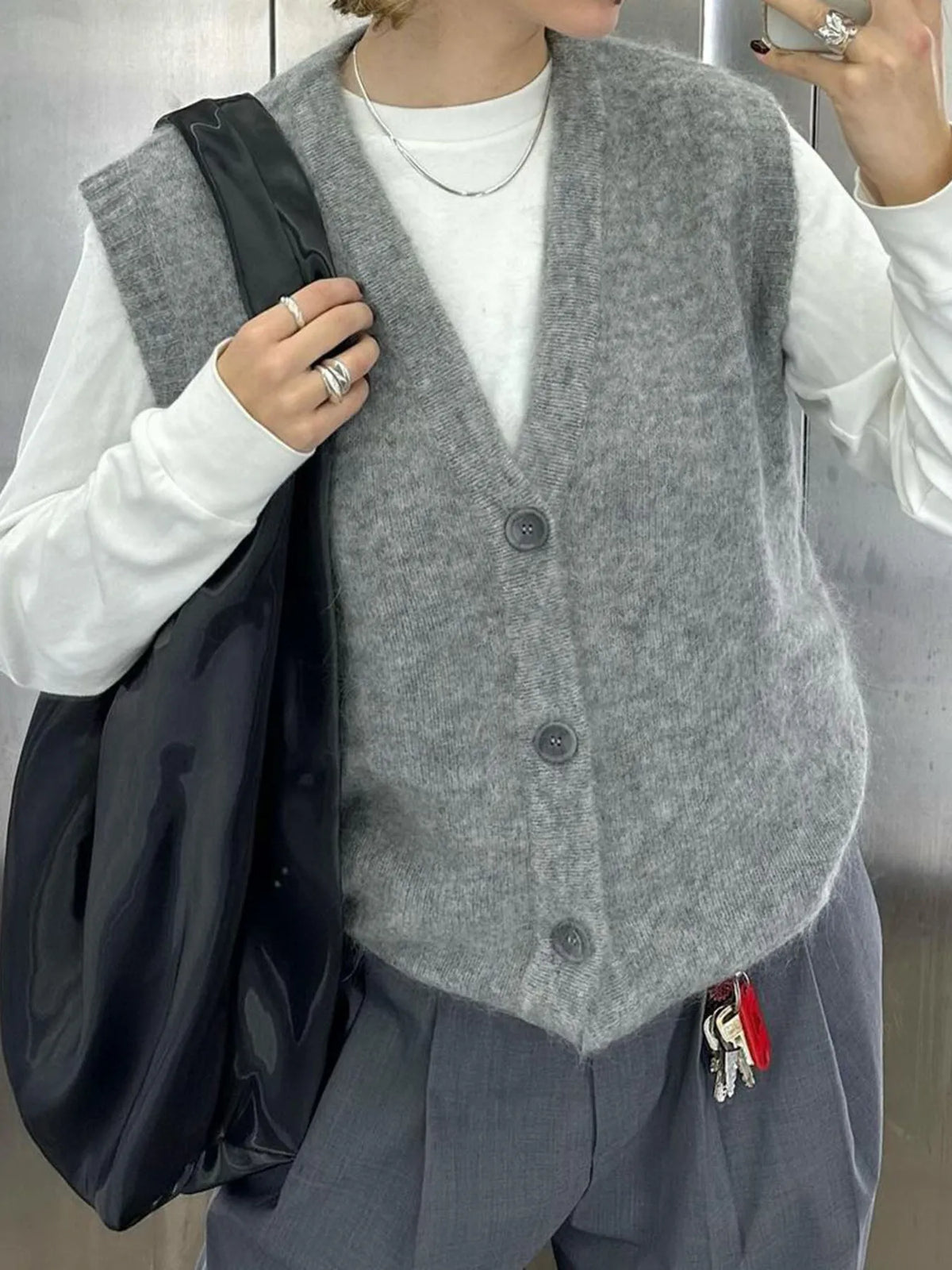 Button Front Sweater Vest in Brown styled look