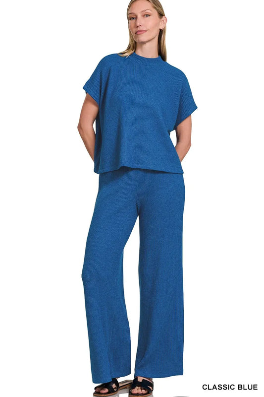 Zenana Sweater Boxy Top & Long Pants Set CLASSIC BLUE - Fashorio