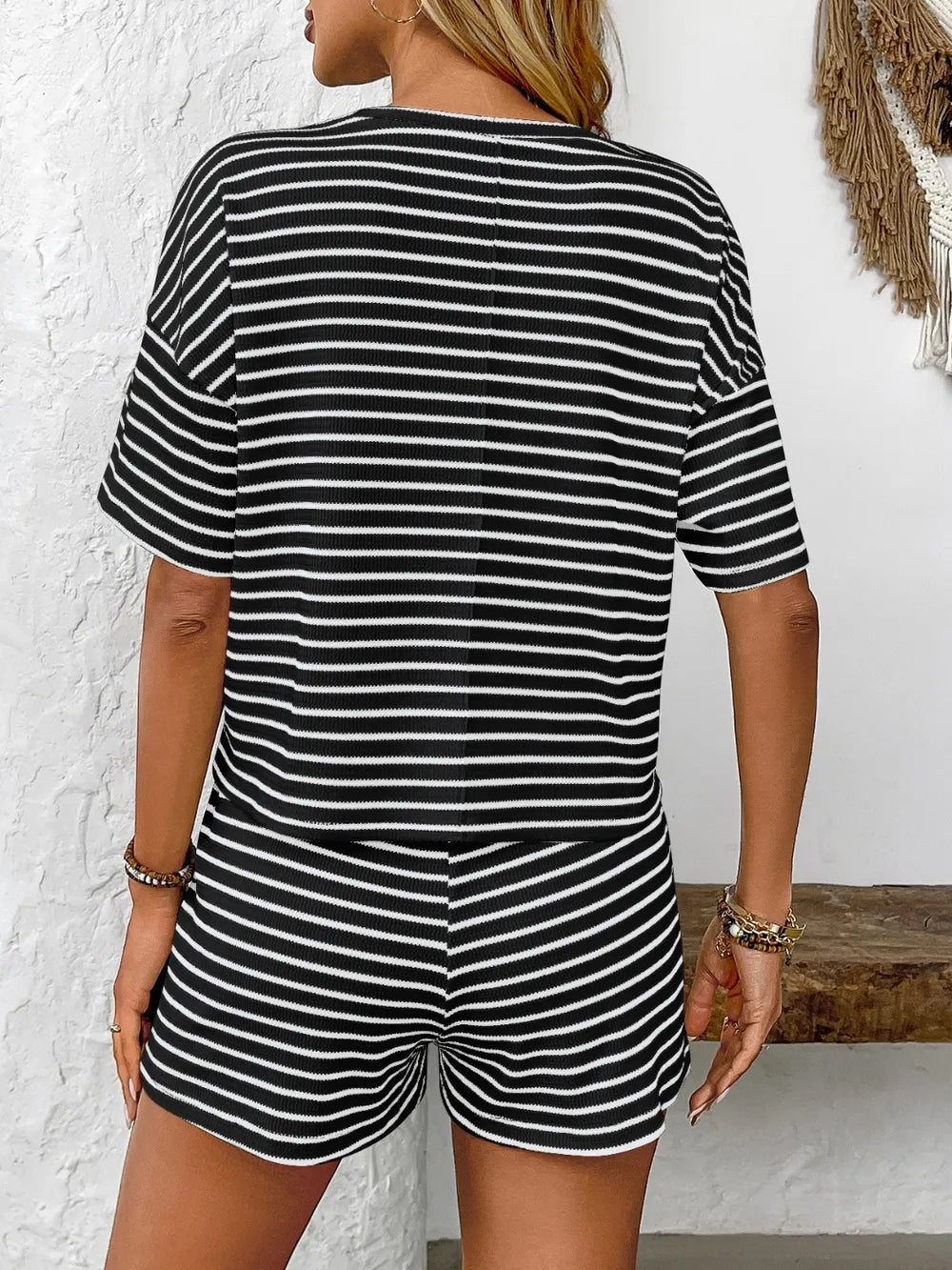 Striped Round Neck Short Sleeve Top and Shorts Set - Fashorio