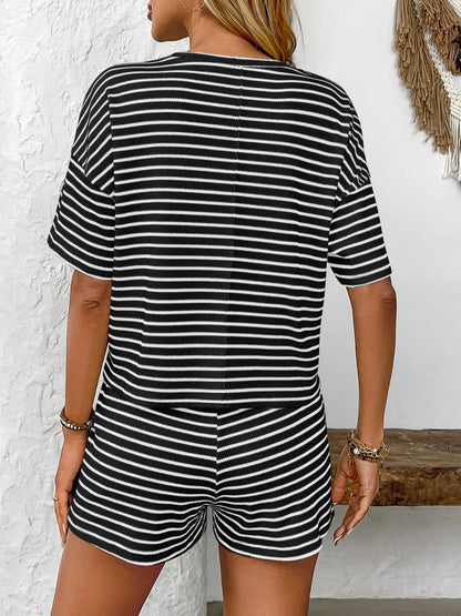 Striped Round Neck Short Sleeve Top and Shorts Set - Fashorio