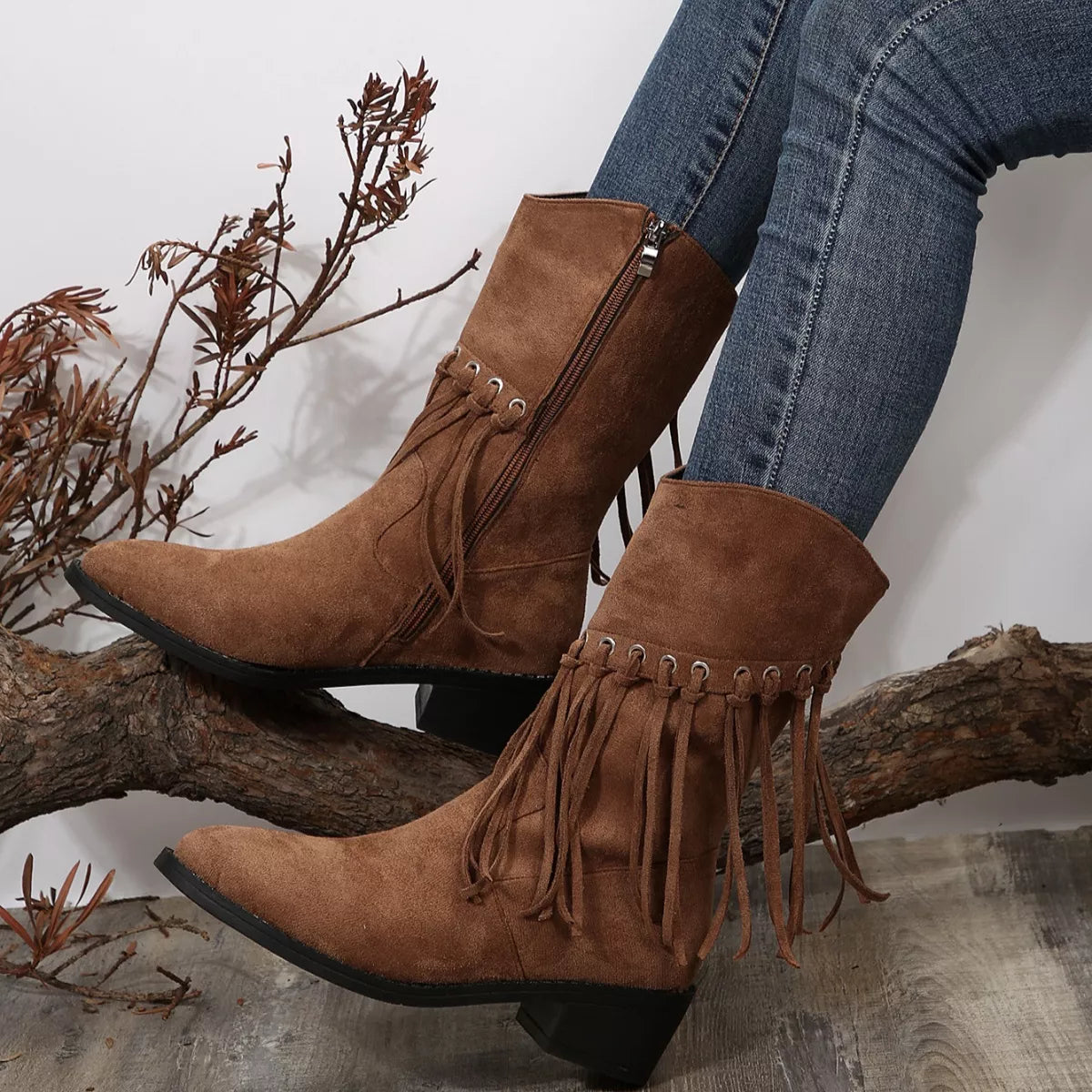 Fringe Western Block Heel Boots top down view