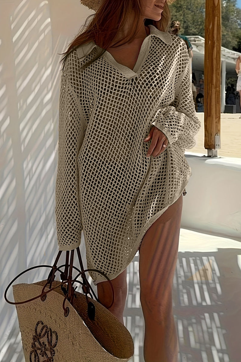 Collared openwork crochet knit kimono cover up front
