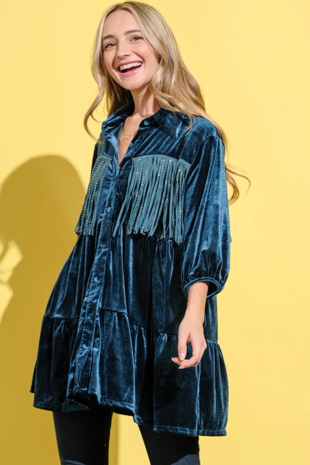 Fringe Detailed Velvet Shirt Dress side view