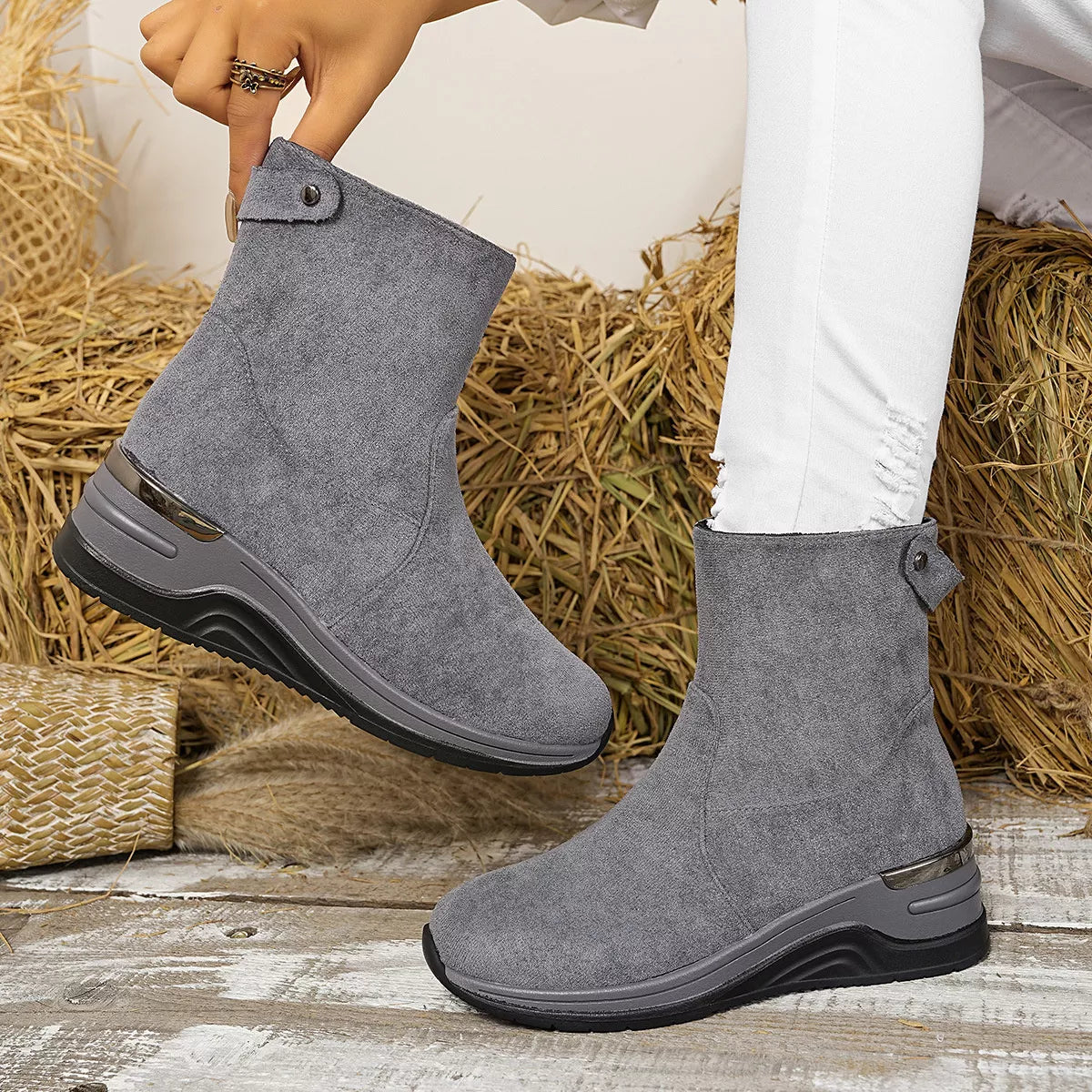 suede wedge heel ankle boots toe close up