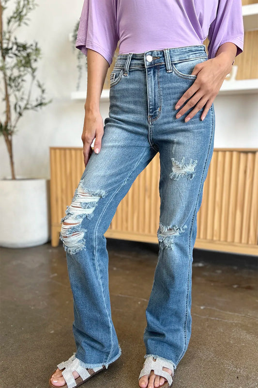 Judy Blue Distressed Raw Hem Bootcut Jeans – Full Size Denim Medium - Fashorio