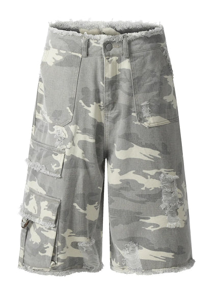 Men's Camouflage Denim Shorts with Raw Hem Camouflage Color - Fashorio