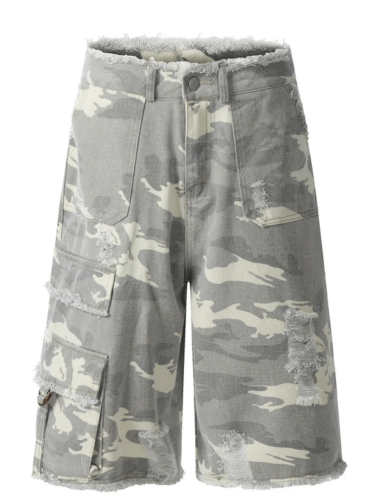 Men's Camouflage Denim Shorts with Raw Hem Camouflage Color - Fashorio
