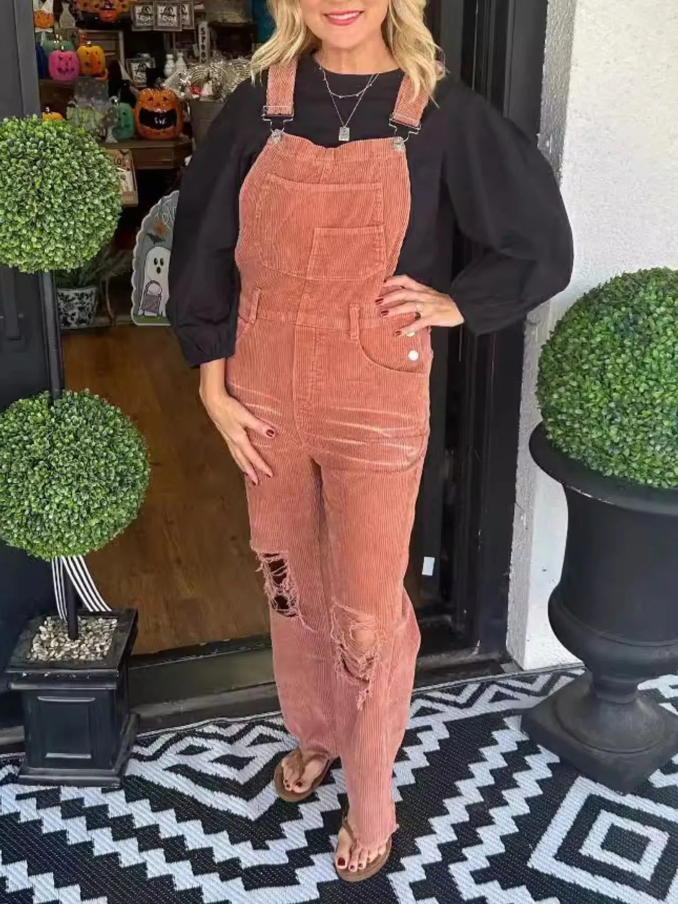 Distressed Wide Leg Corduroy Overalls Orange - Fashorio