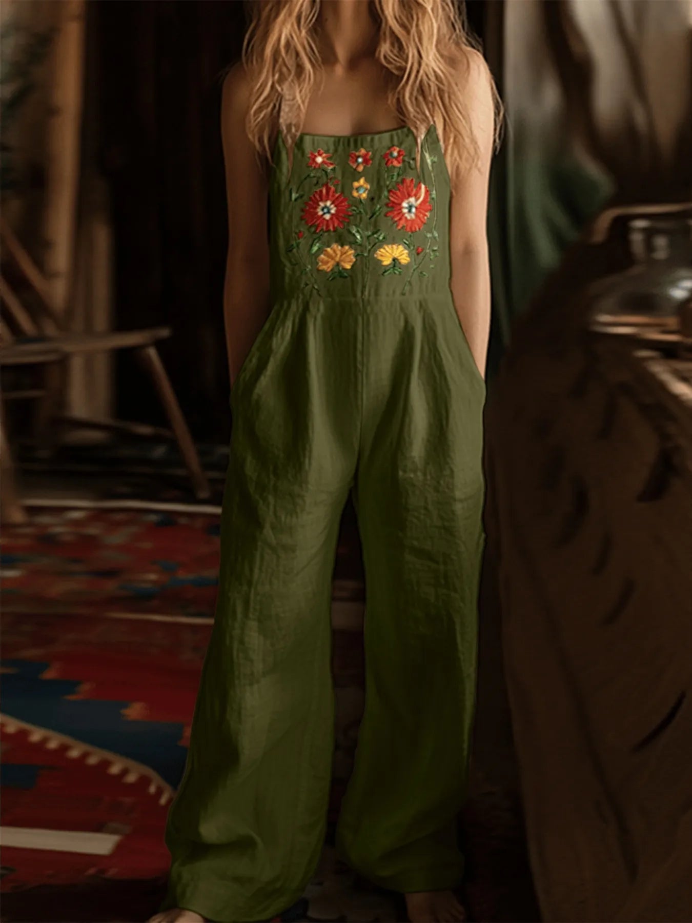 Floral Embroidered Wide Leg Jumpsuit - Fashorio