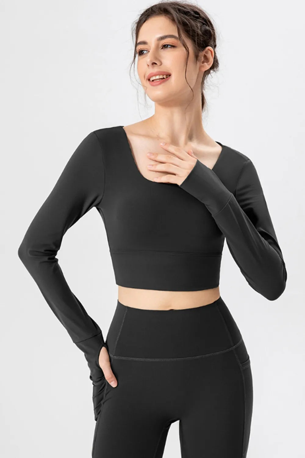 Square neck crisscross active t-shirt close up detail