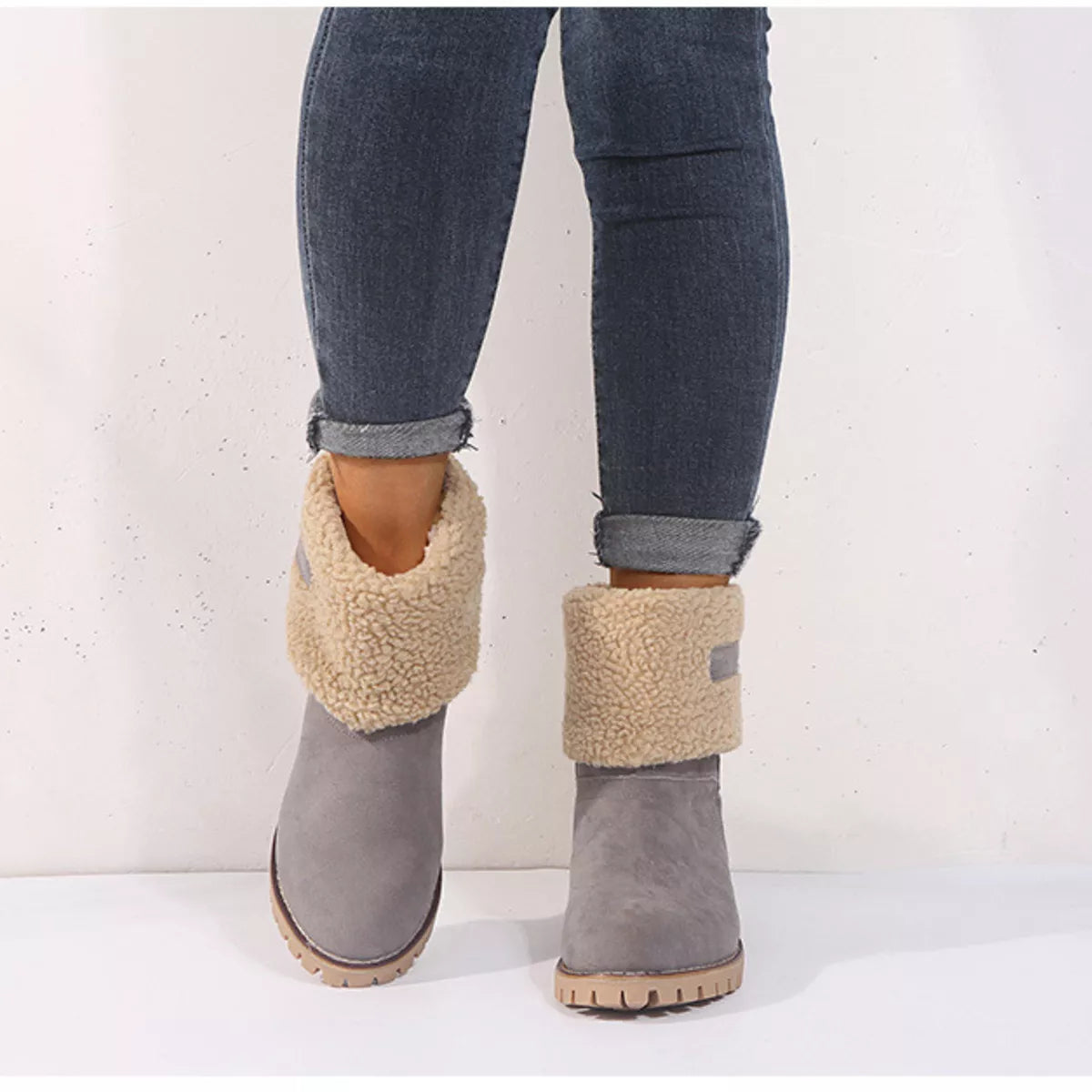 Suede round toe block heel boots lifestyle shot