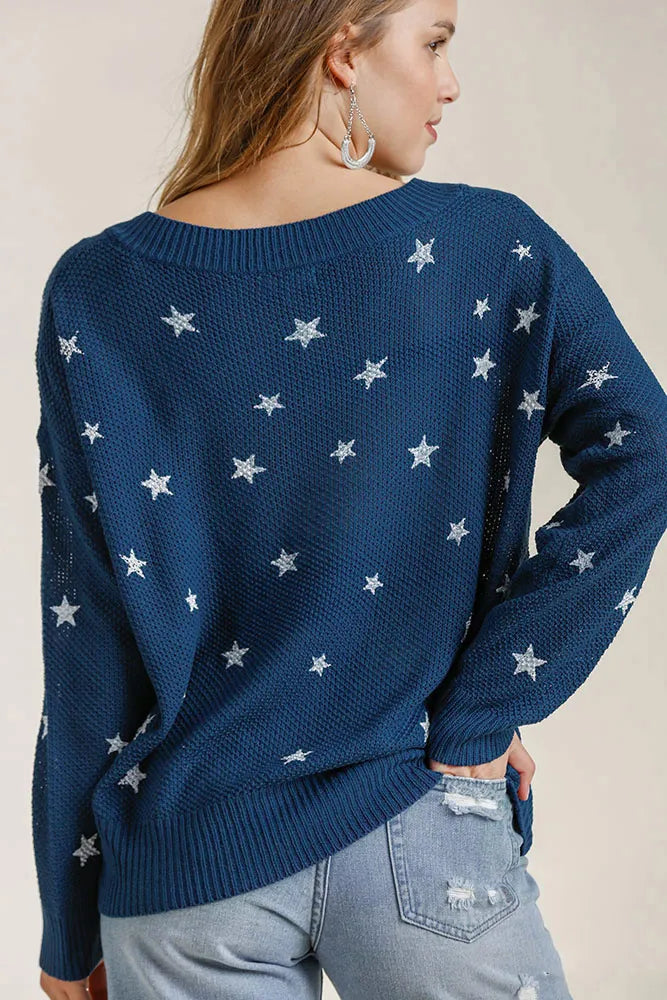 Star Print V Neck Long Sleeve Sweater Plus Size in Navy back view