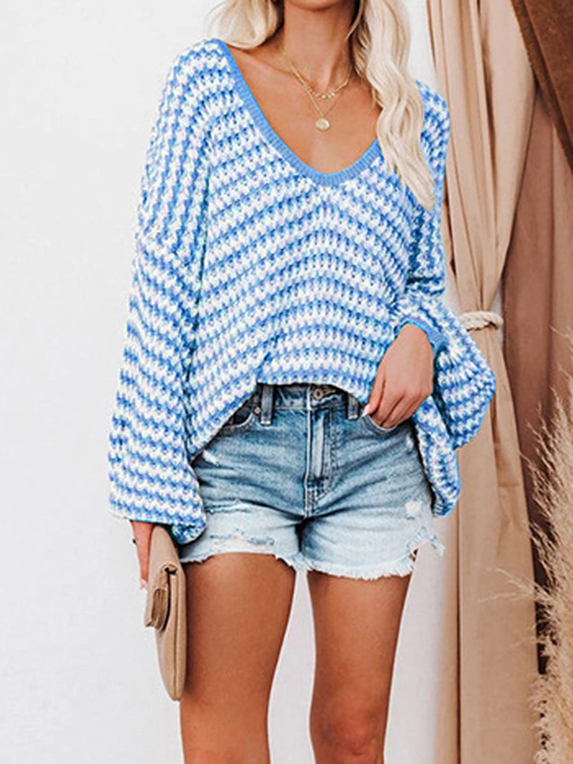 Striped Drop Shoulder V-Neck Sweater Sky Blue - Fashorio