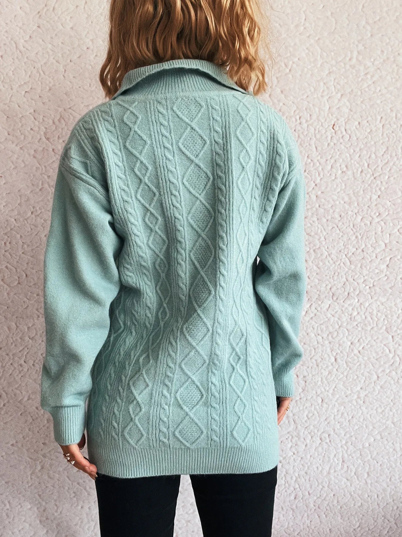 Texture Zip Collar Long Sleeve Sweater - Fashorio