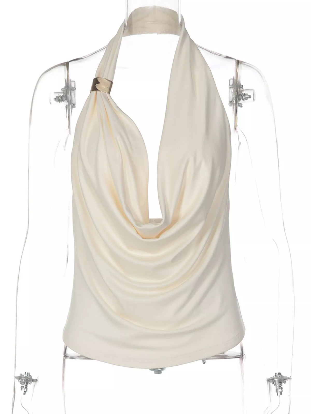 Black ruched halter tank styled on model, side angle