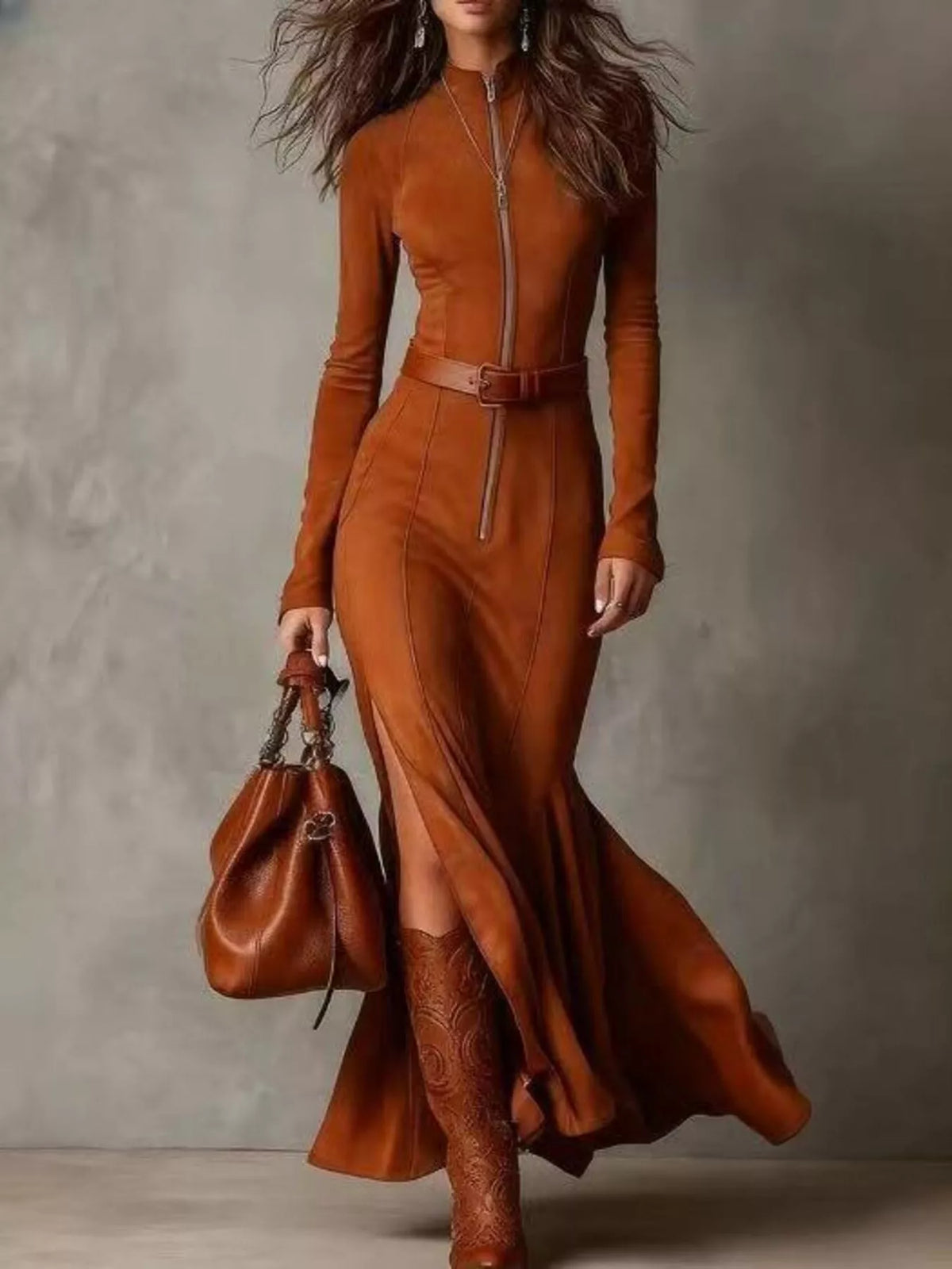 Zip front maxi dress sleeve and cuff detail