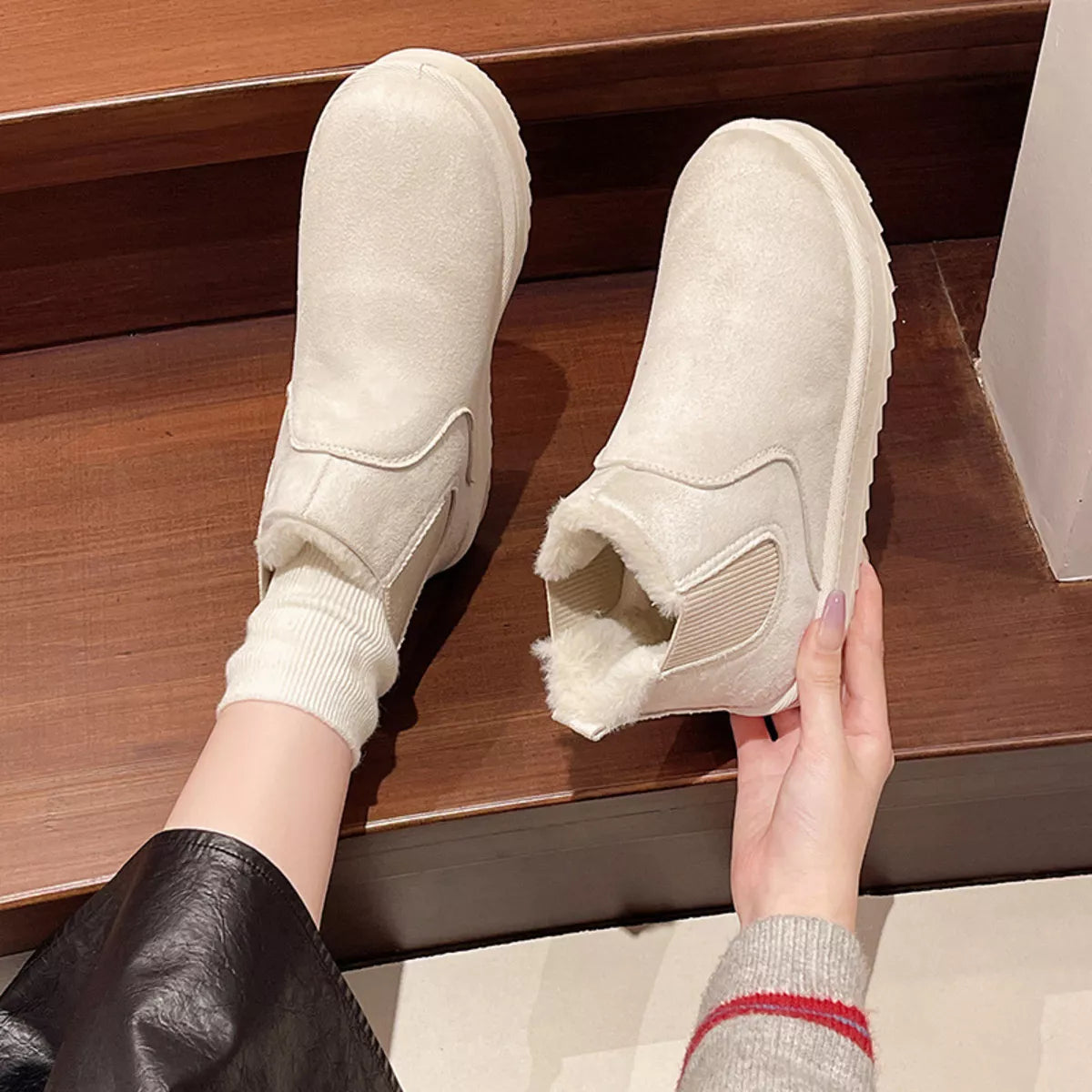Round toe platform boots styled on model