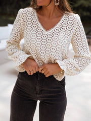 Crochet Lace V-Neck Long Sleeve Blouse Beige - Fashorio