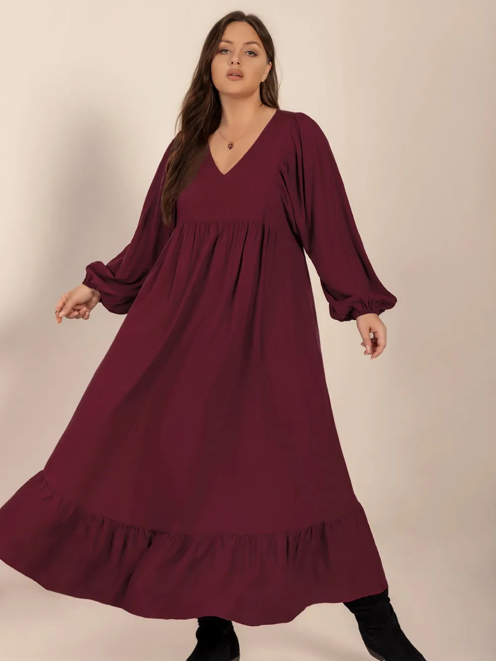 burgundy plus size ruffled hem v neck balloon sleeve dress full length view