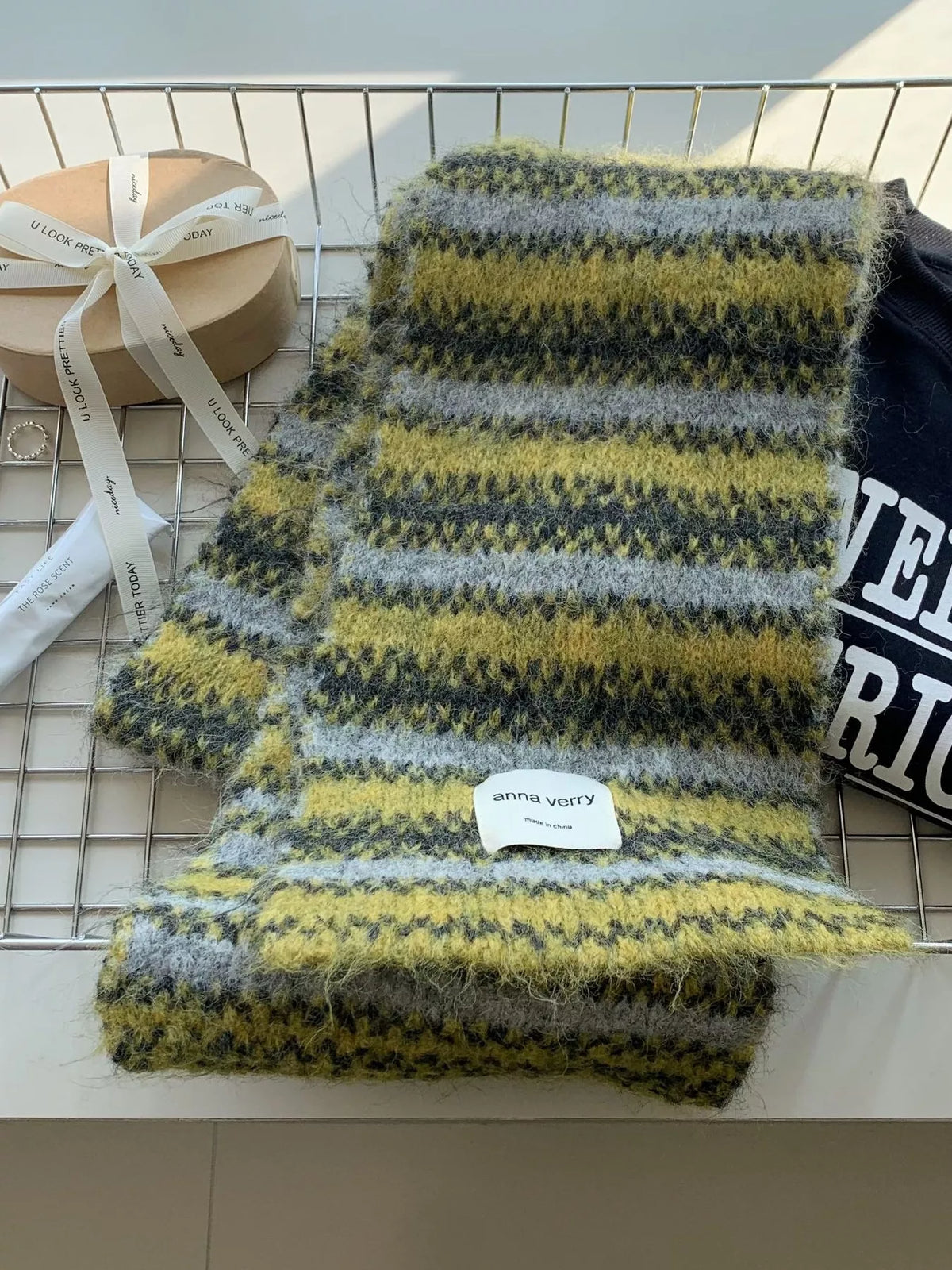 Close up of the muted stripe and wool texture
