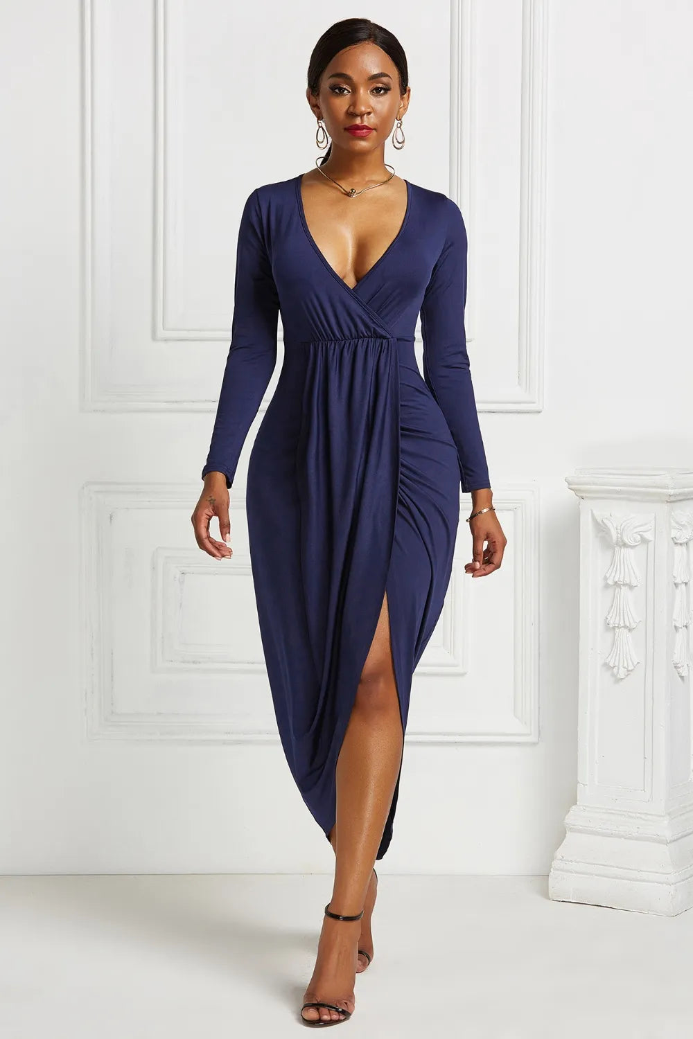 Deep rose surplice wrap dress side view