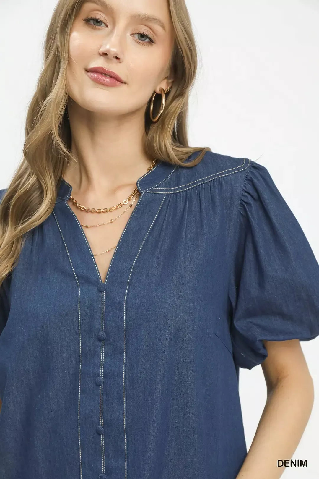 Umgee denim button front boho blouse side view