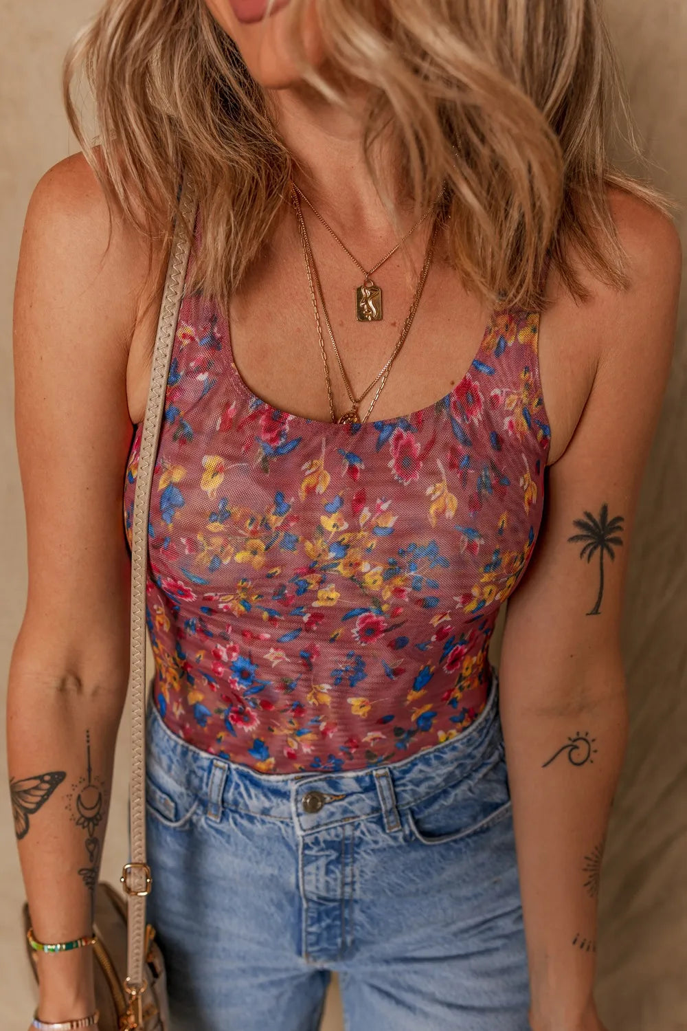 Floral Mesh Scoop Neck Wide Strap Bodysuit - Fashorio