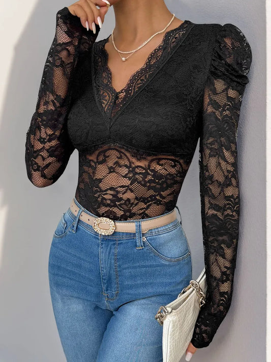 Perfee Lace V-Neck Long Sleeve Bodysuit Black - Fashorio