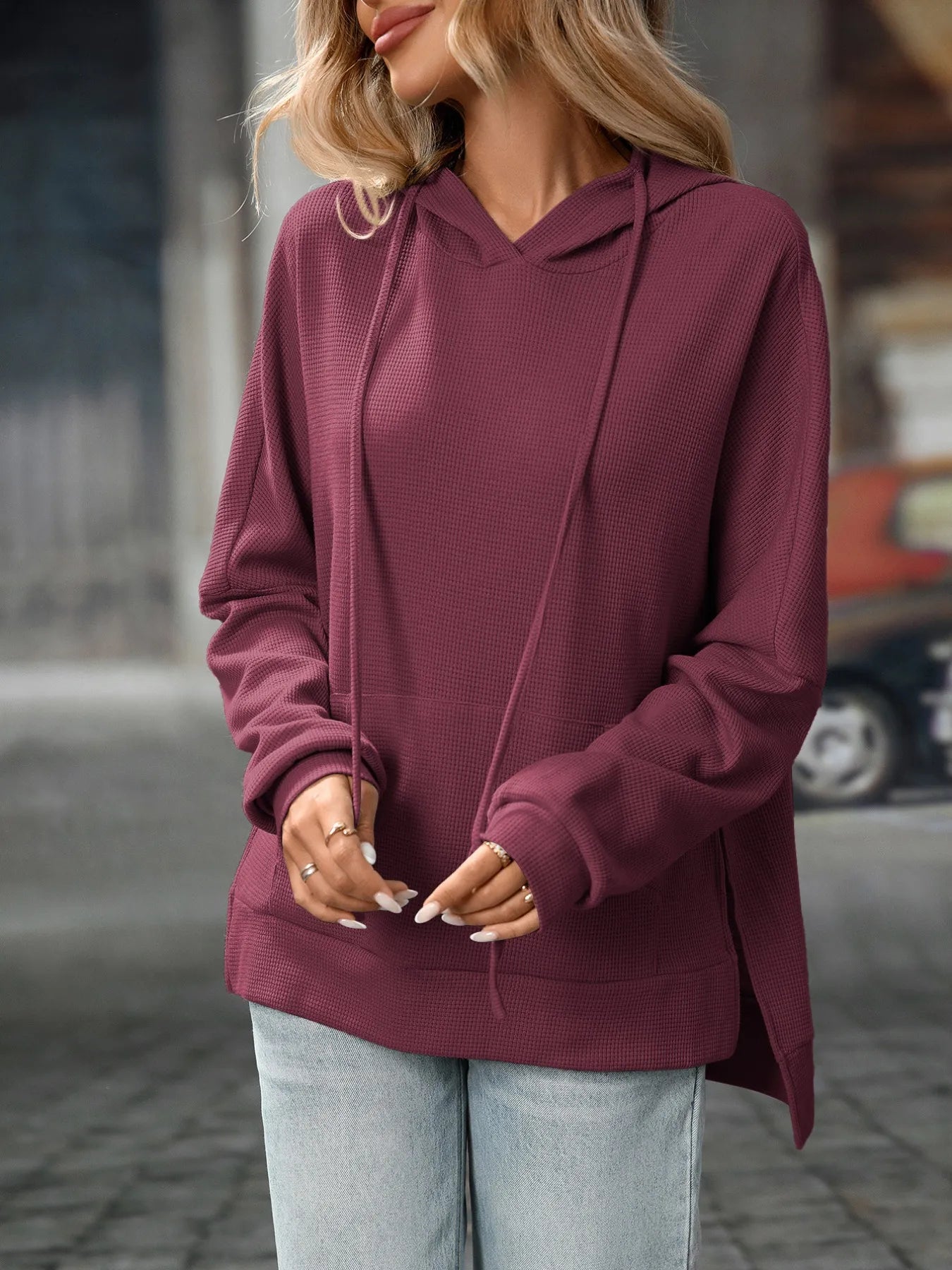 Textured Drawstring Long Sleeve Hoodie Plum Purple - Fashorio