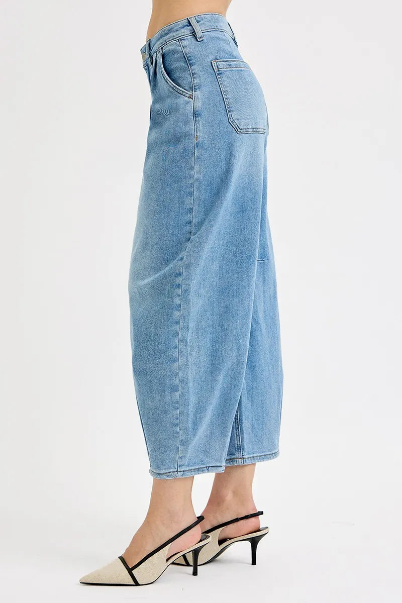Back view of five pocket wide leg denim