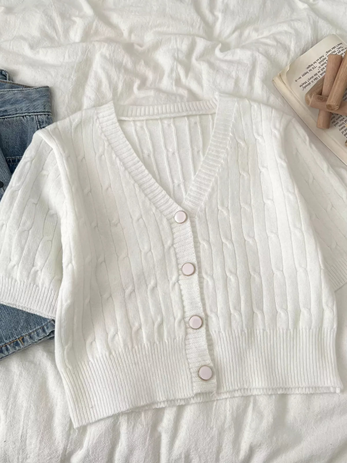 Texture knit button down cardigan styled look
