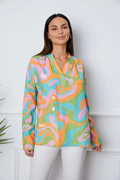 Printed Notched Long Sleeve Blouse Multicolor - Fashorio