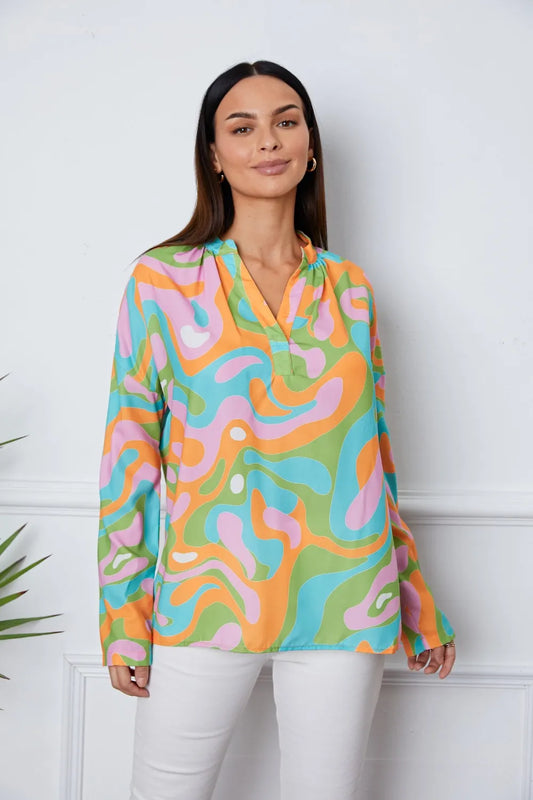Printed Notched Long Sleeve Blouse Multicolor - Fashorio