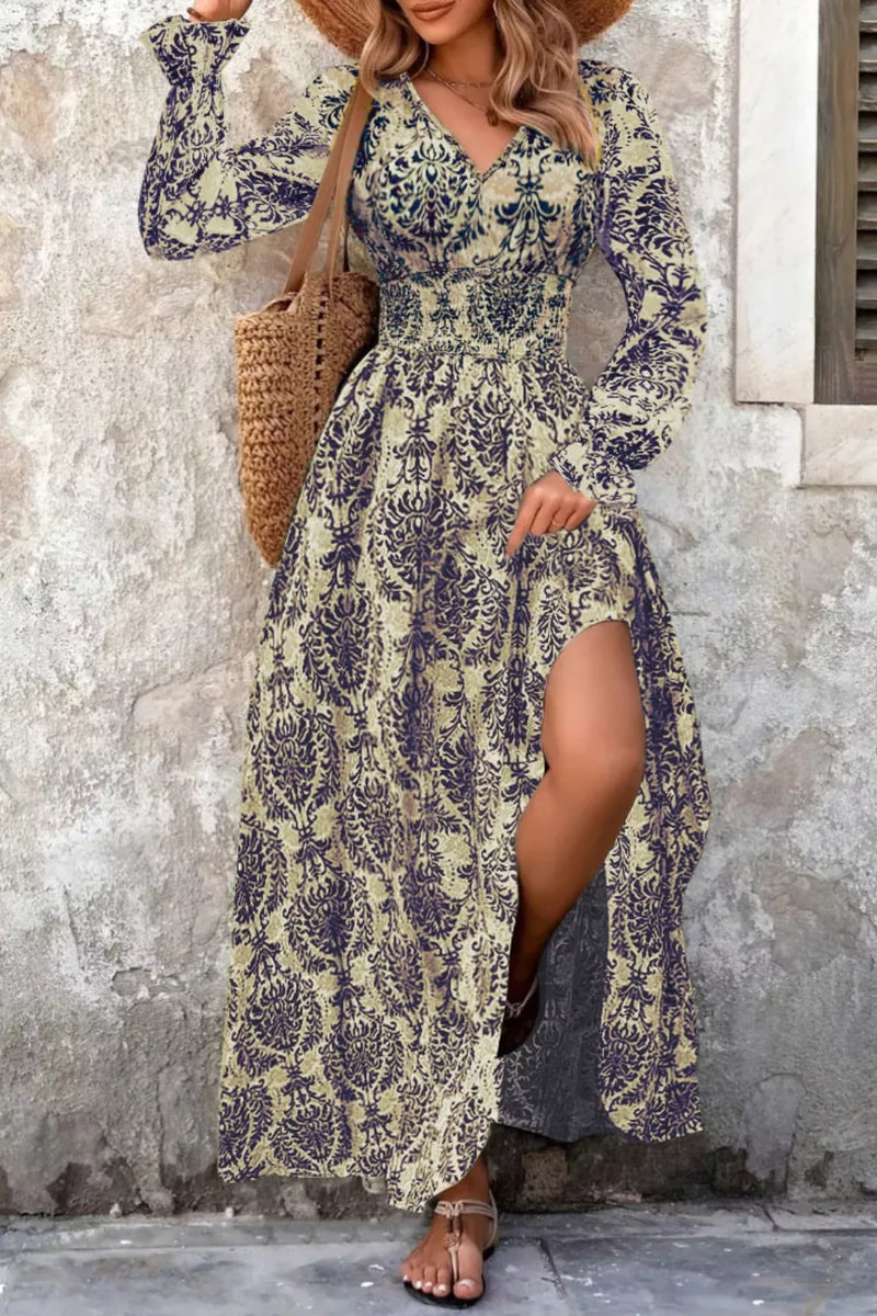 Navy printed V neck long sleeve maxi dress front view