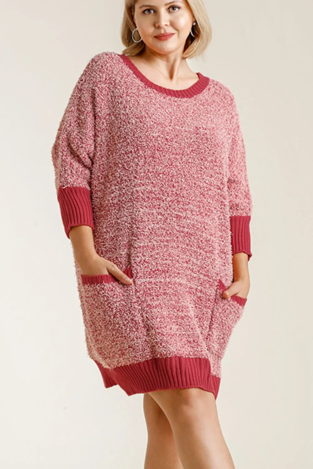 Scarlet Round Neck 3/4 Sleeve Sweater Dress with Pockets Plus Size side view