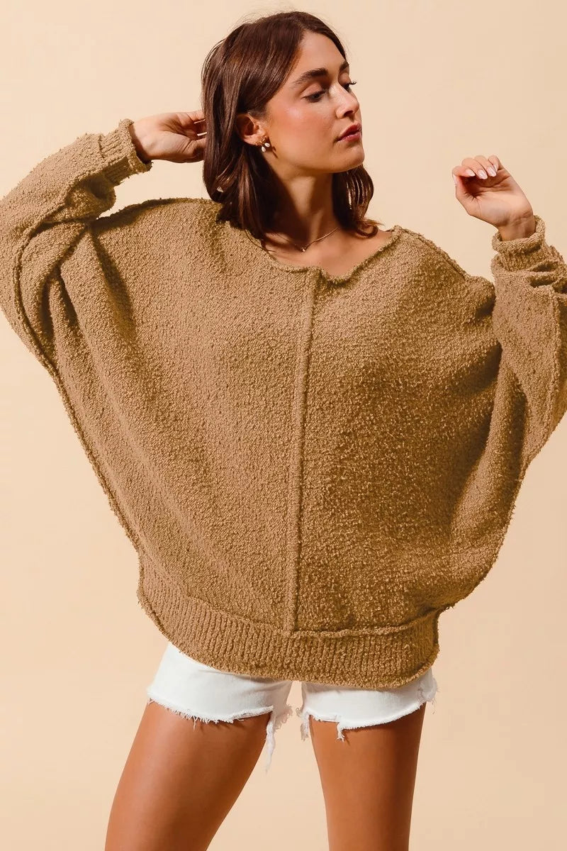 Slouchy Boucle Exposed Seam Sweater in Taupe close up